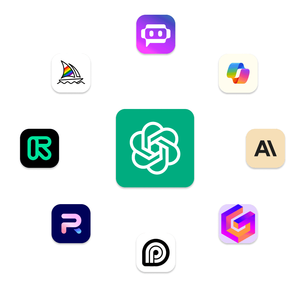 AI tool logos - ChatGPT, Claude, Perplexity, and more