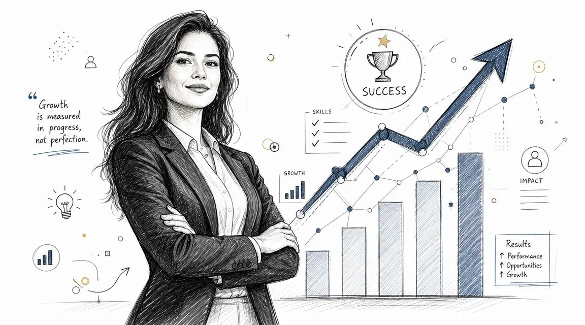 A professional woman standing with crossed arms beside a growth chart illustrating success and business progress.