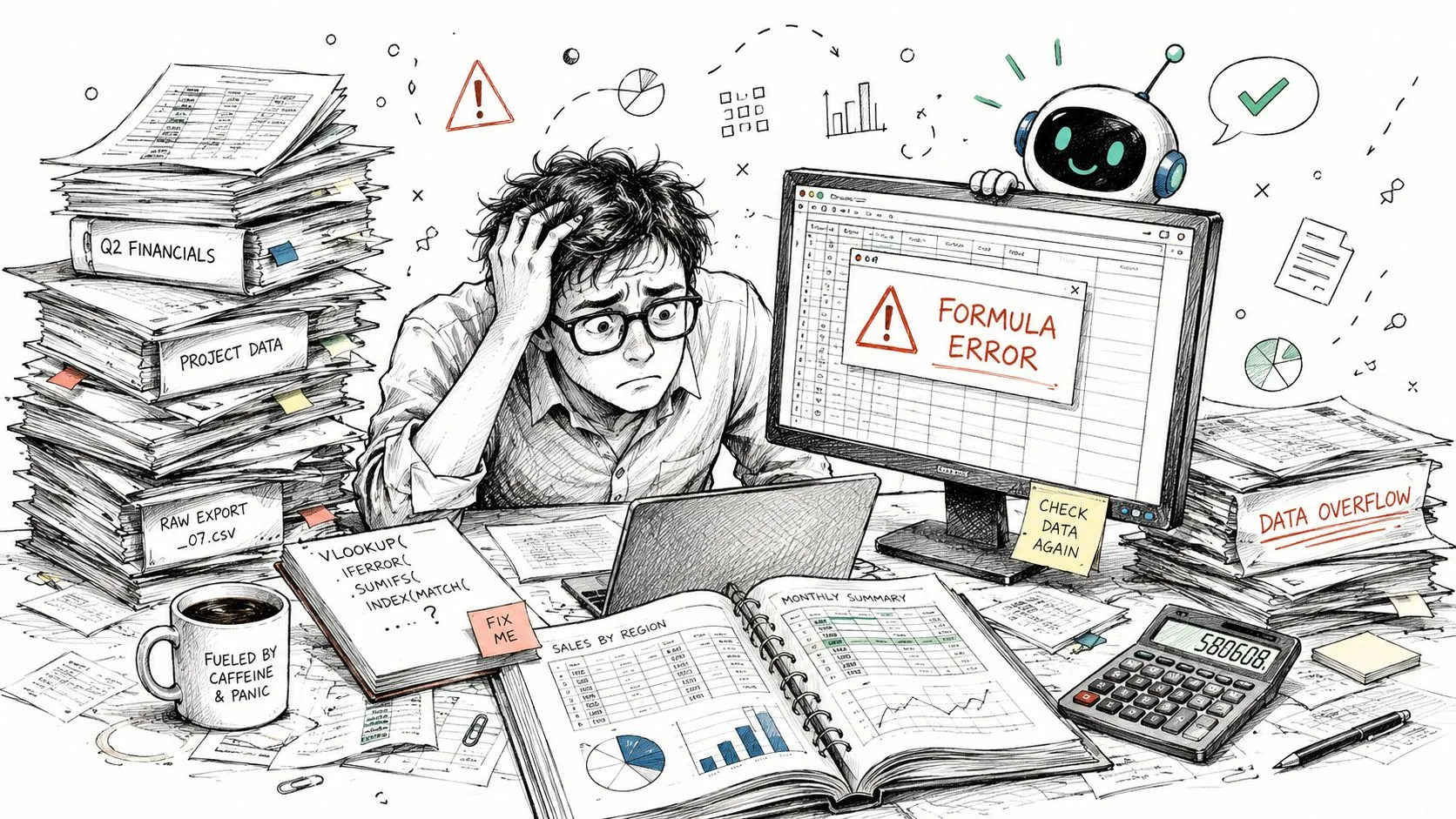 A stressed accountant sitting at a cluttered desk overwhelmed by stacks of financial data and spreadsheet errors.