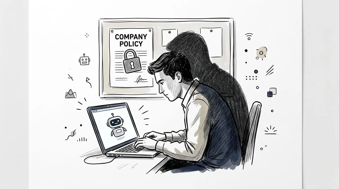 An office worker types on a laptop displaying a robot icon in front of a company policy document.