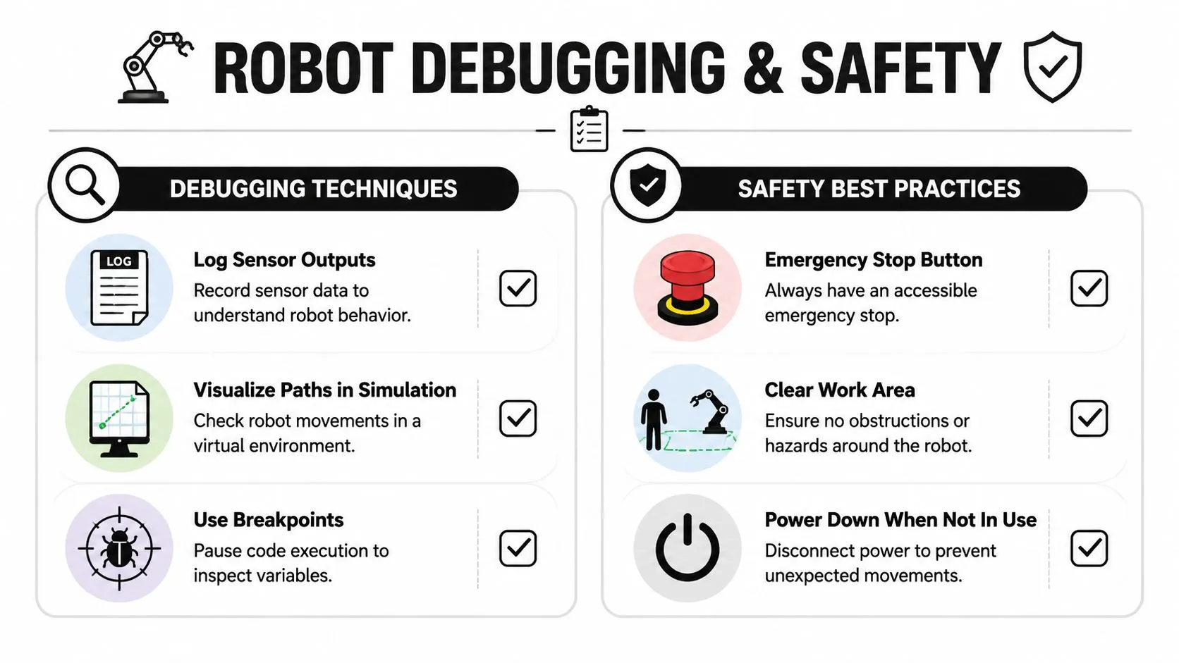 A professional infographic outlining essential techniques for robot debugging and critical safety best practices for operation.