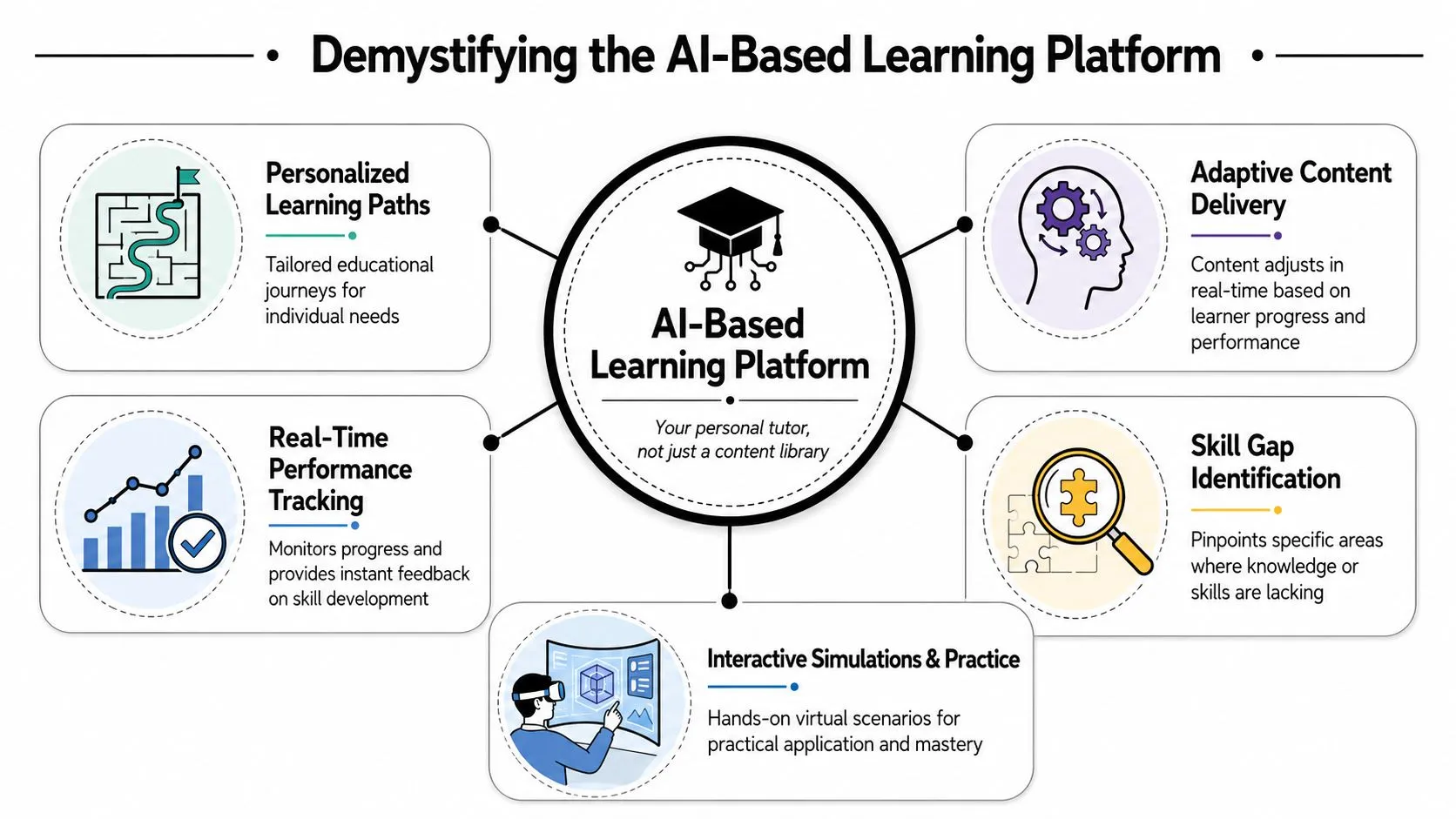 A diagram illustrating the five core features of an AI-based learning platform for personalized education.