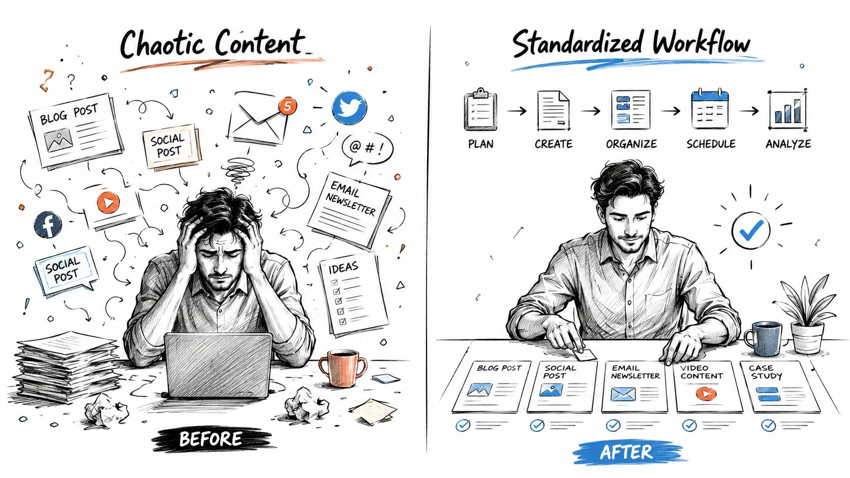 A comparison illustration showing a stressed person managing chaotic content versus an organized person following a workflow.