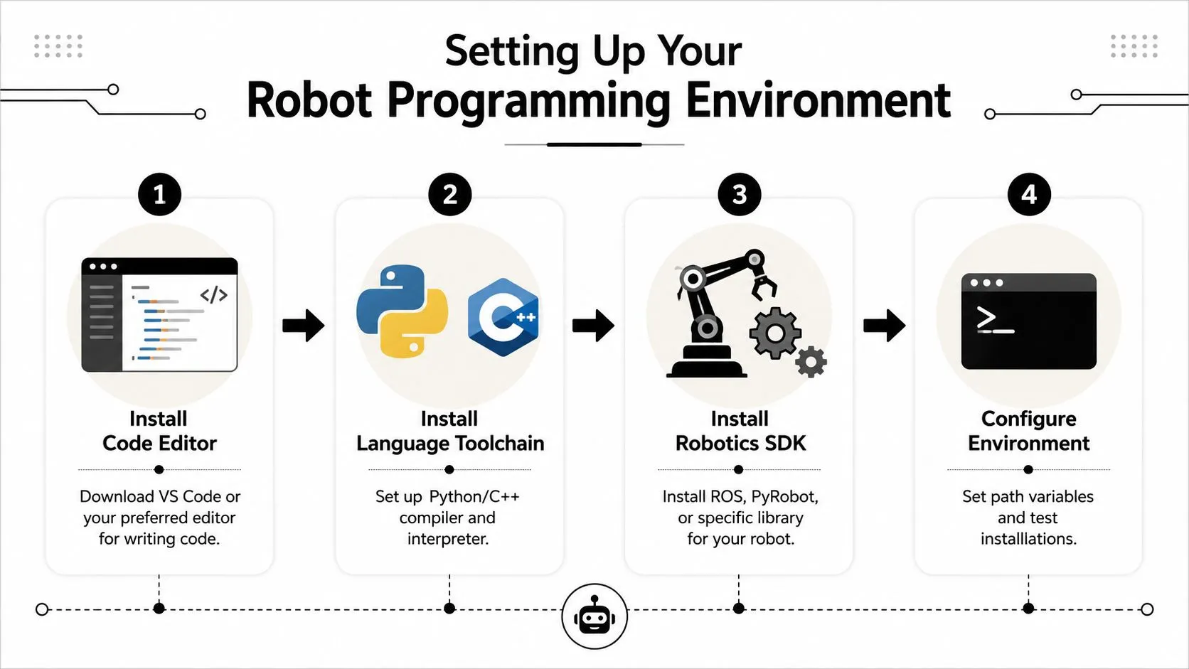 A four-step infographic illustrating the process of setting up a programming environment for robot development.