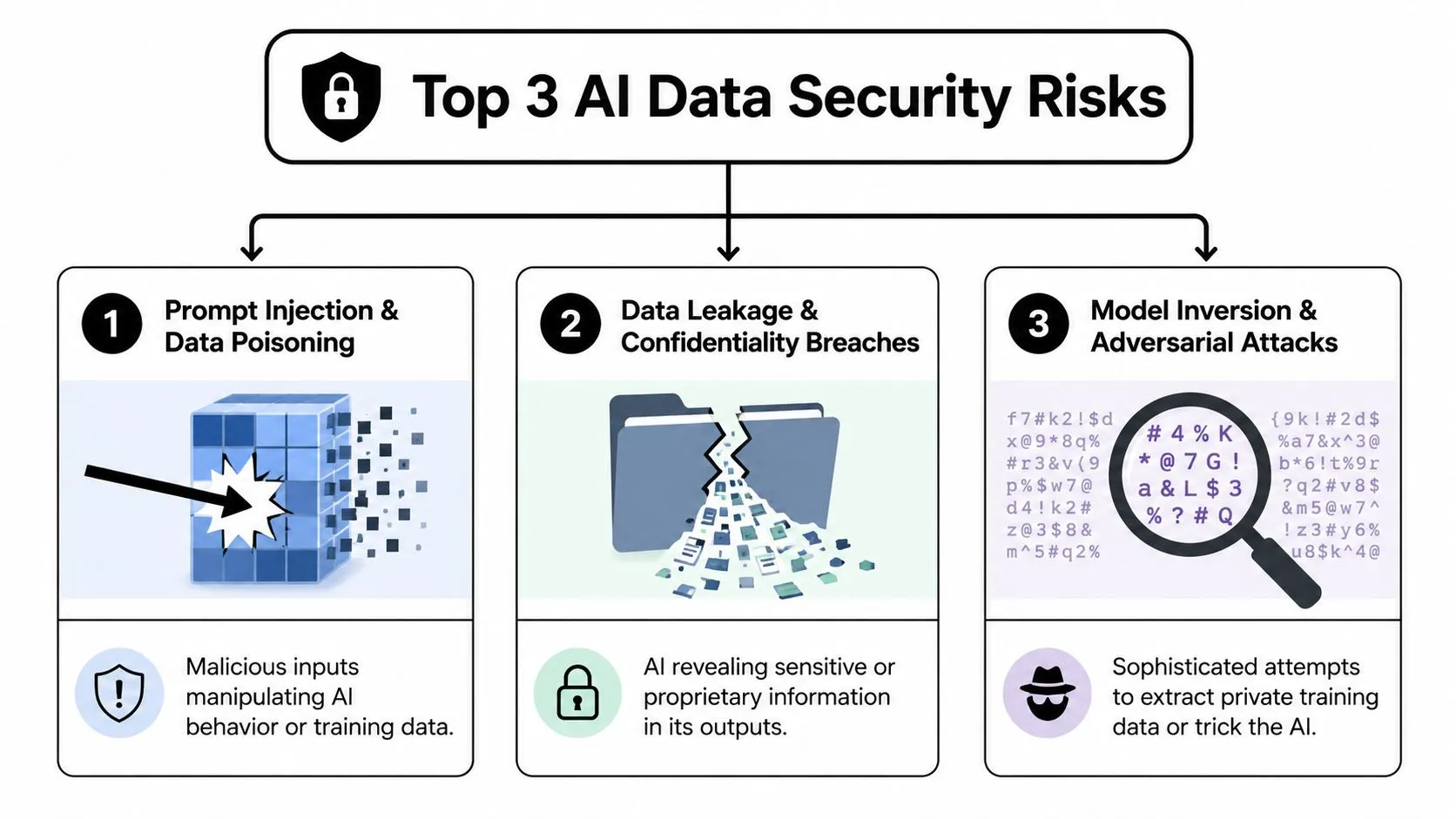 A diagram outlining the top three artificial intelligence data security risks including prompt injection, data leakage, and adversarial attacks.