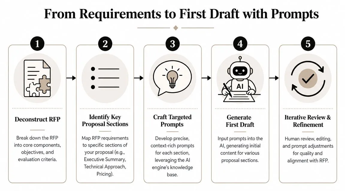 A five-step flowchart illustrating how to draft a business proposal using AI prompts from RFP requirements.