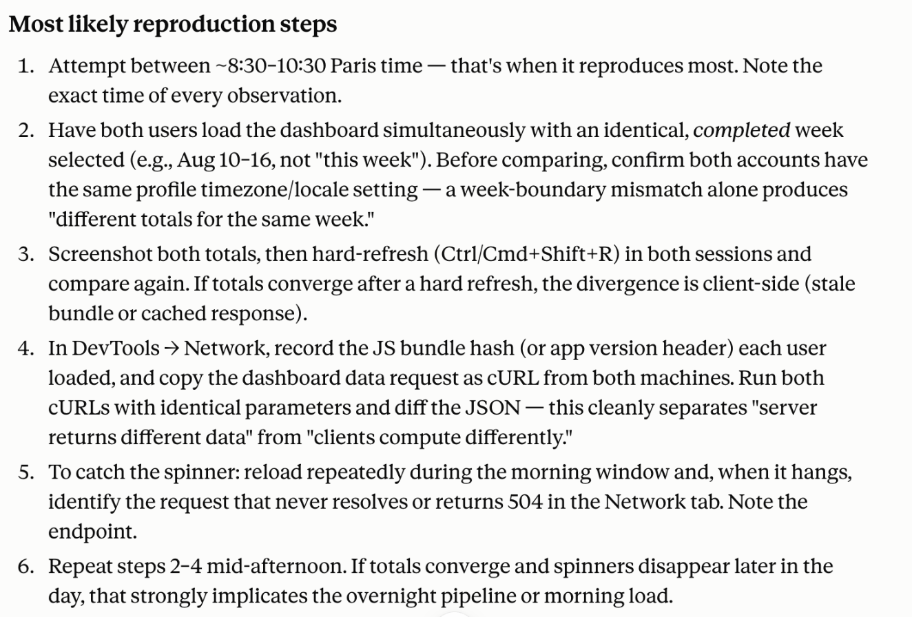 Claude turning a vague bug report into concrete reproduction steps