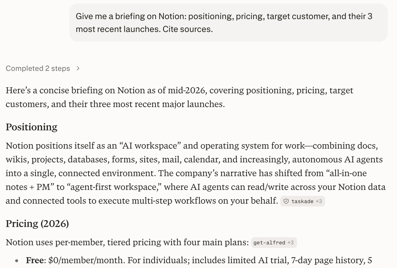 Perplexity returning a sourced competitor briefing