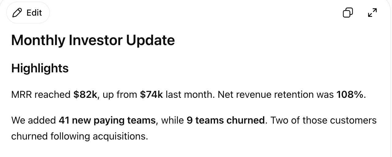 ChatGPT drafting a monthly investor update from raw metrics