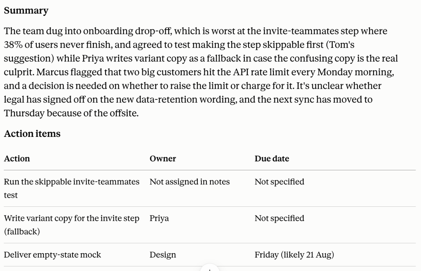 Claude turning raw meeting notes into a summary and an action-item table