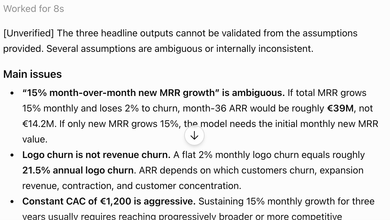 ChatGPT stress-testing SaaS model assumptions and catching an inconsistency