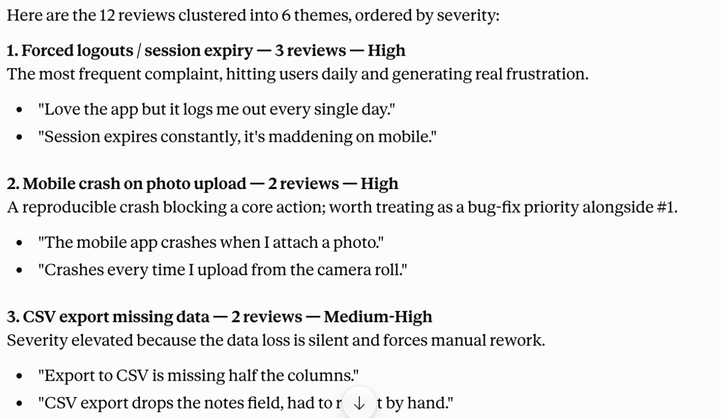 Claude clustering customer reviews into themes with counts and severity