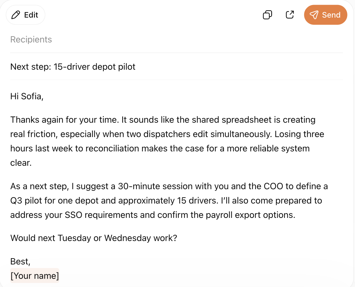 ChatGPT drafting a follow-up email from call notes