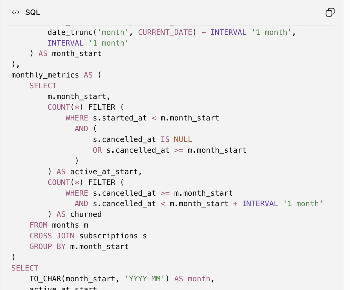 ChatGPT returning a SQL churn query from a plain-English question