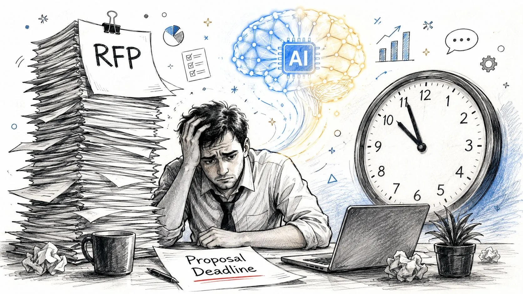 A stressed man overwhelmed by a large stack of RFP documents while working near a laptop and clock.