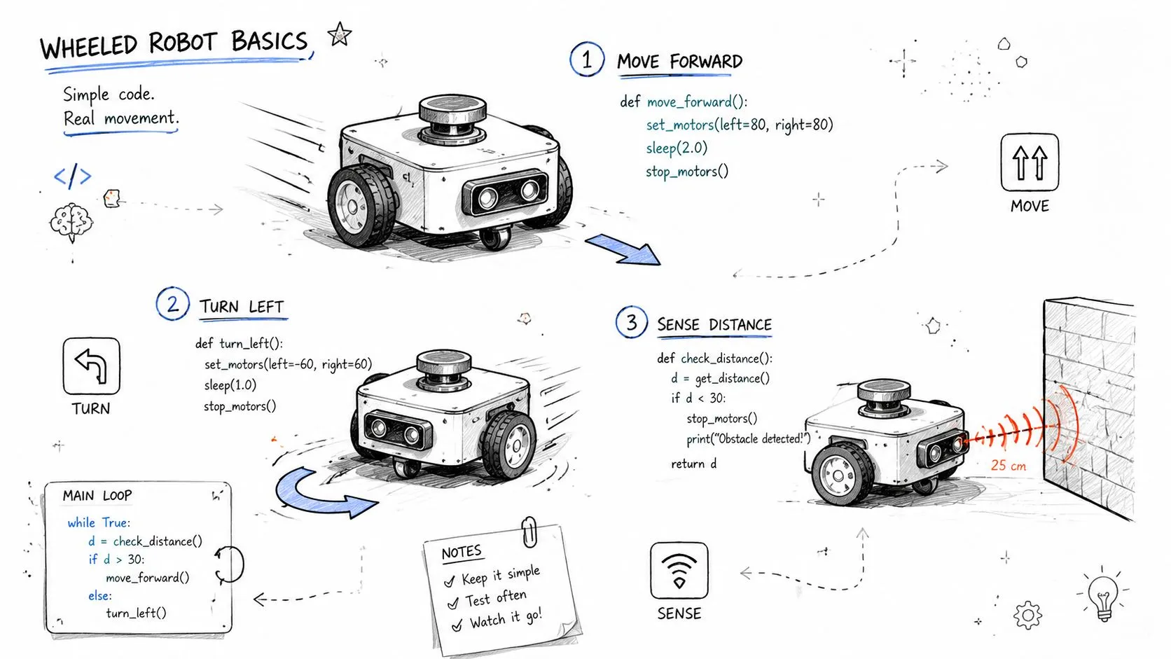 An infographic showing basic programming code for controlling a wheeled robot, including moving forward, turning, and distance sensing.